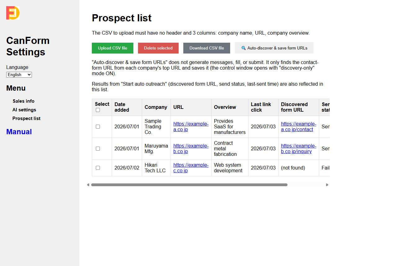 Settings screen, Sales List tab, showing the CSV upload field and a results table with company name, URL, discovered form URL, submission status, and last-sent timestamp