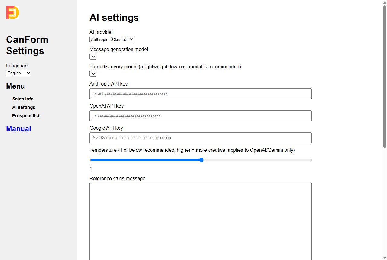 Settings screen, AI Settings tab, showing provider selection, model selection, API key input, and advanced settings such as temperature
