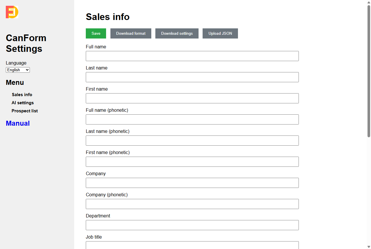 Settings screen, Sales Info tab, showing save, download format, download settings, and JSON upload buttons alongside the input fields